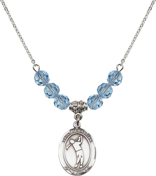 Sterling Silver Saint Sebastian/Golf Birthstone Necklace with Aqua Beads - 8162