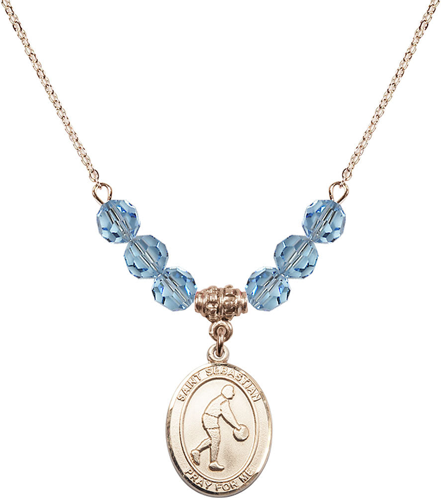 14kt Gold Filled Saint Sebastian/Basketball Birthstone Necklace with Aqua Beads - 8163