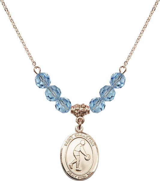 14kt Gold Filled Saint Sebastian/Basketball Birthstone Necklace with Aqua Beads - 8163