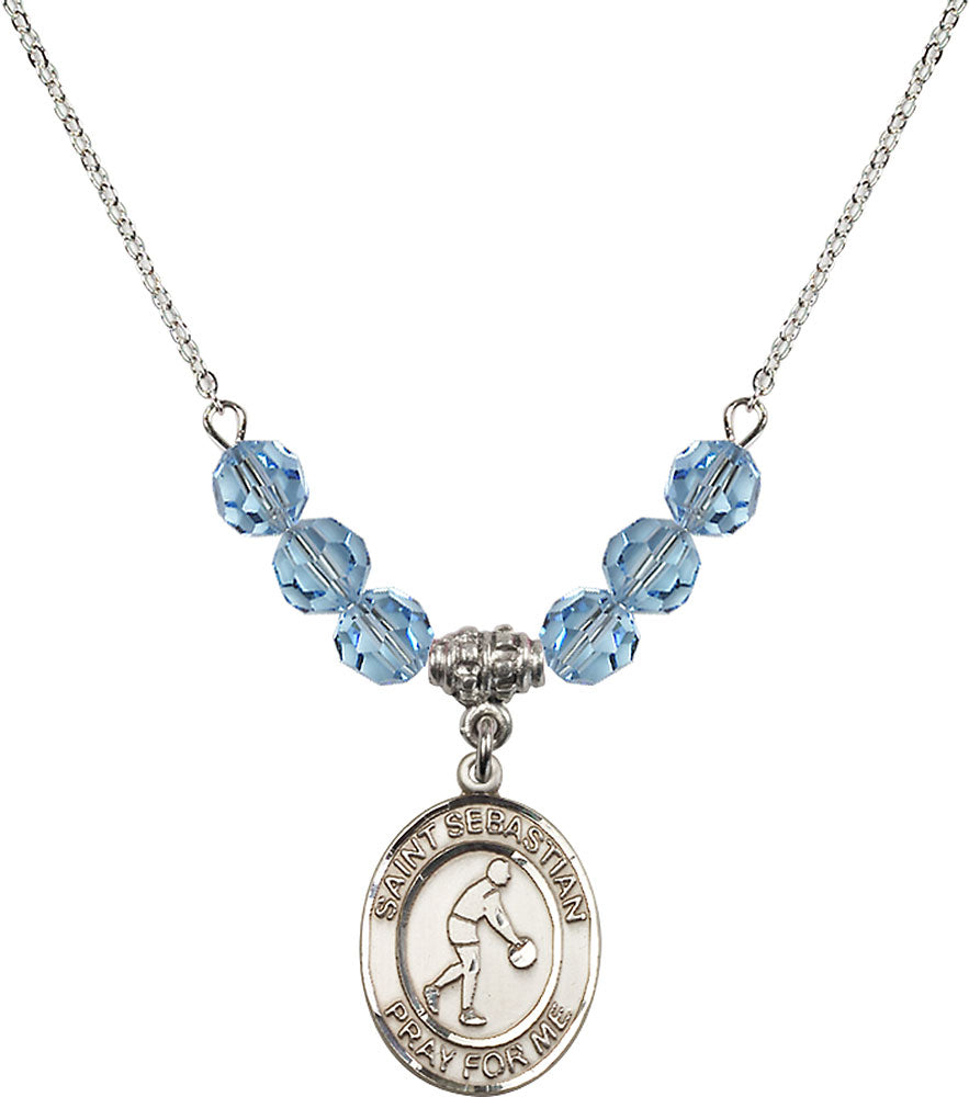 Sterling Silver Saint Sebastian/Basketball Birthstone Necklace with Aqua Beads - 8163