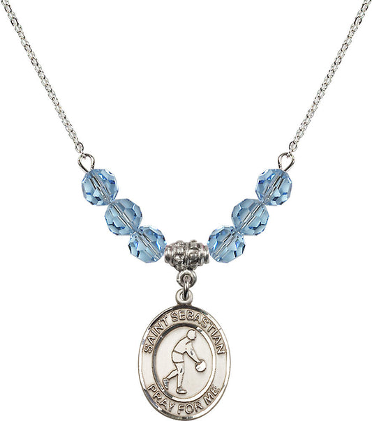 Sterling Silver Saint Sebastian/Basketball Birthstone Necklace with Aqua Beads - 8163