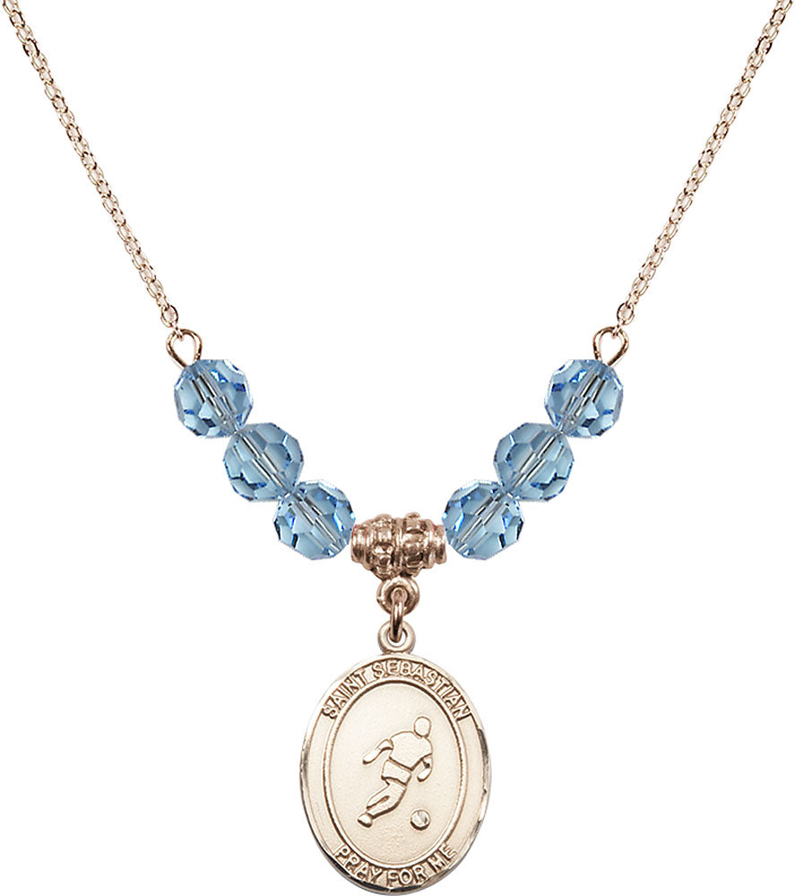 14kt Gold Filled Saint Sebastian/Soccer Birthstone Necklace with Aqua Beads - 8164