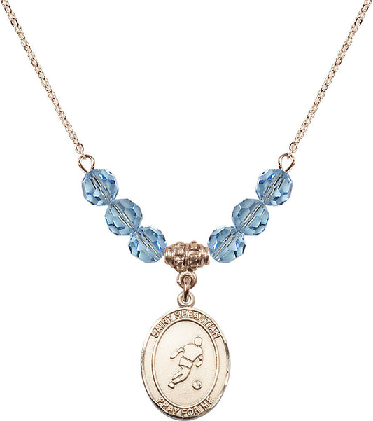 14kt Gold Filled Saint Sebastian/Soccer Birthstone Necklace with Aqua Beads - 8164