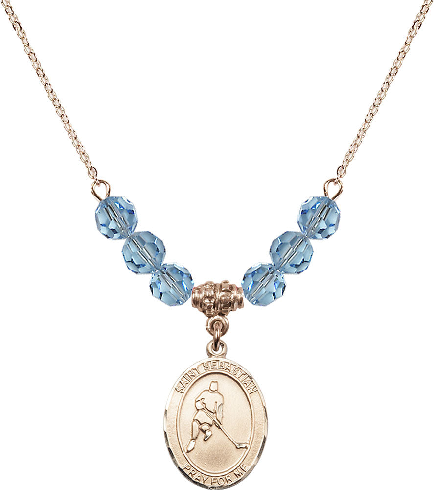 14kt Gold Filled Saint Sebastian/Ice Hockey Birthstone Necklace with Aqua Beads - 8165