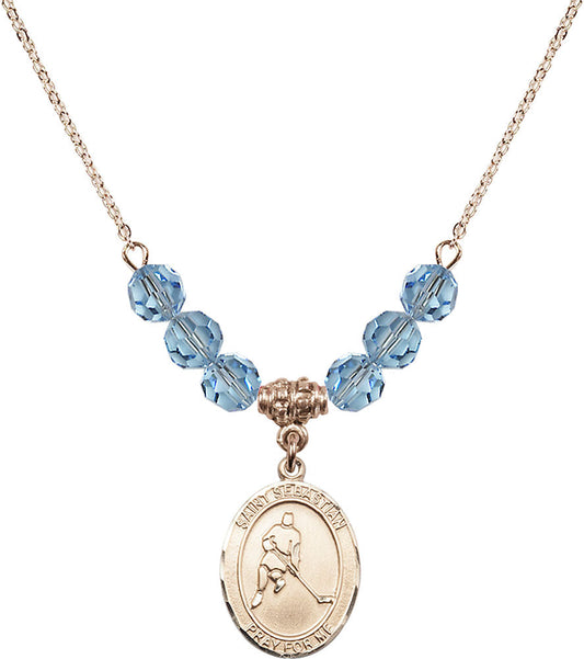 14kt Gold Filled Saint Sebastian/Ice Hockey Birthstone Necklace with Aqua Beads - 8165