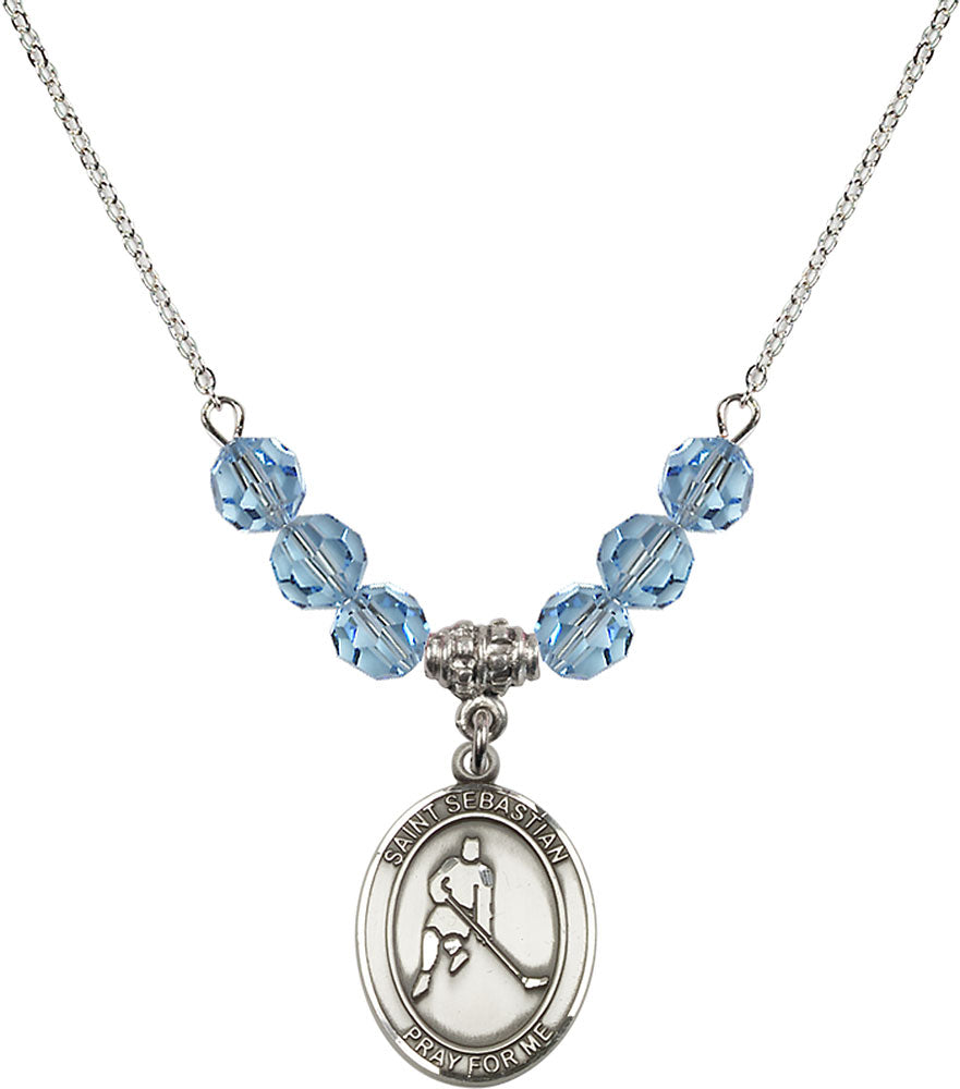 Sterling Silver Saint Sebastian/Ice Hockey Birthstone Necklace with Aqua Beads - 8165