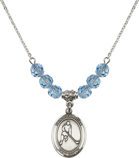 Sterling Silver Saint Sebastian/Ice Hockey Birthstone Necklace with Aqua Beads - 8165