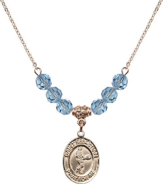 14kt Gold Filled Saint Sebastian/Tennis Birthstone Necklace with Aqua Beads - 8166