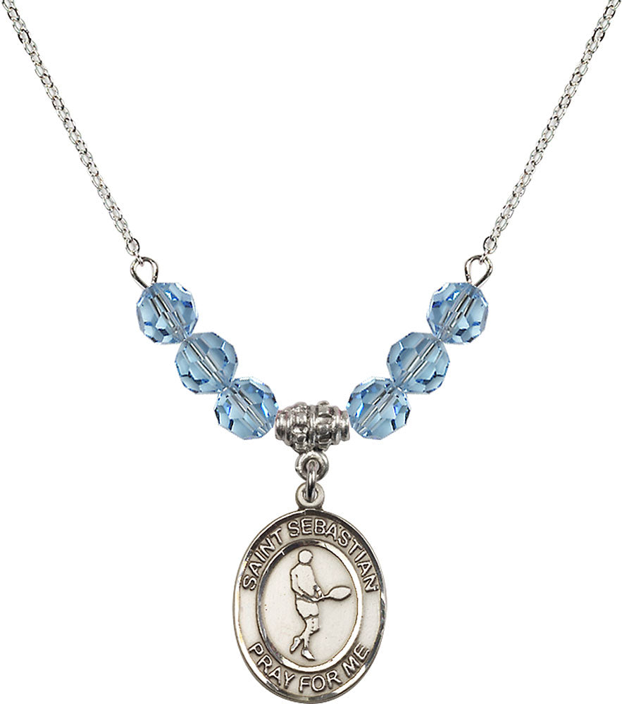 Sterling Silver Saint Sebastian/Tennis Birthstone Necklace with Aqua Beads - 8166
