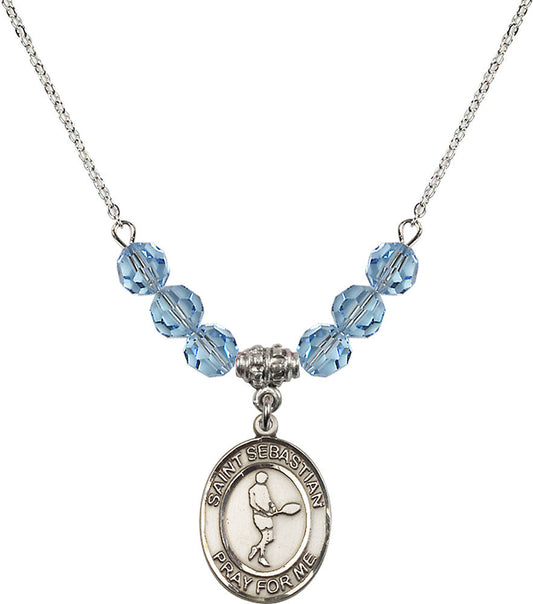 Sterling Silver Saint Sebastian/Tennis Birthstone Necklace with Aqua Beads - 8166