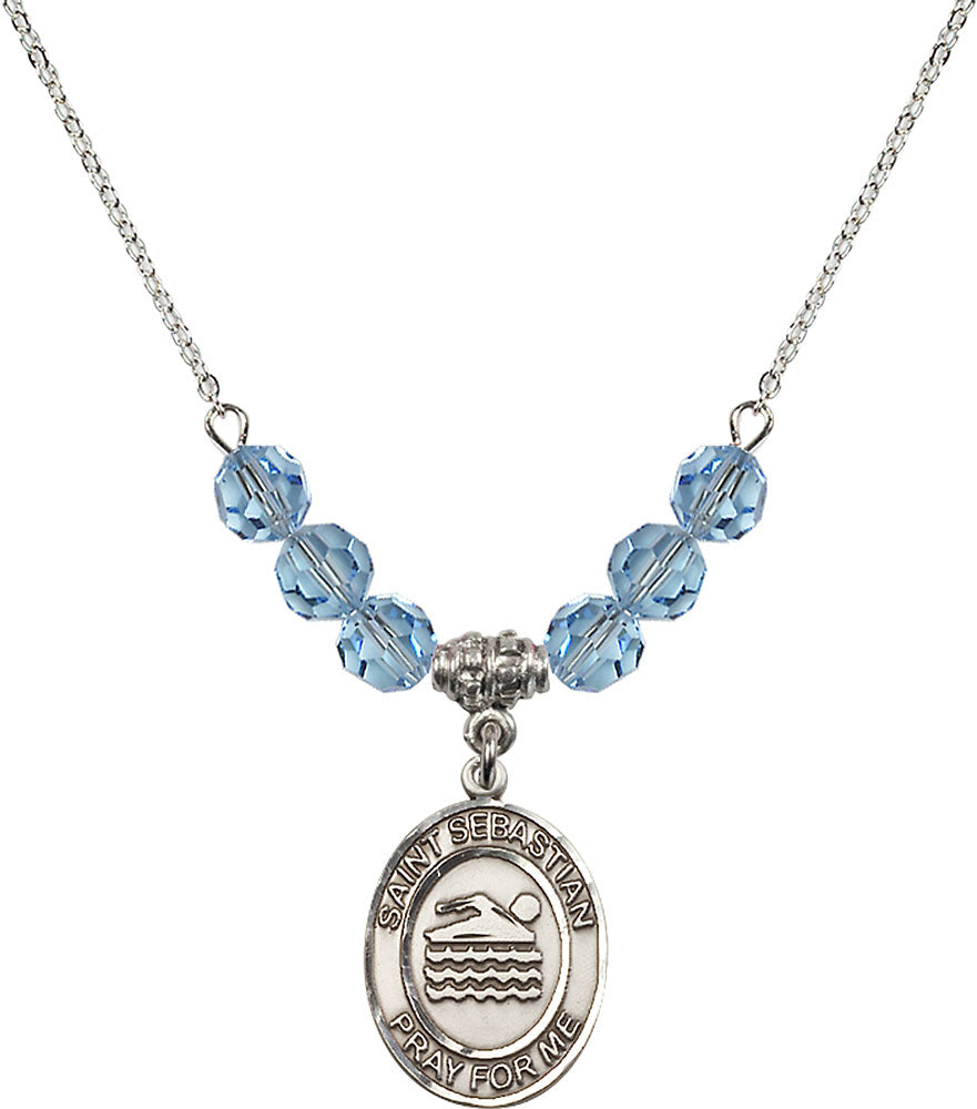 Sterling Silver Saint Sebastian/Swimming Birthstone Necklace with Aqua Beads - 8167