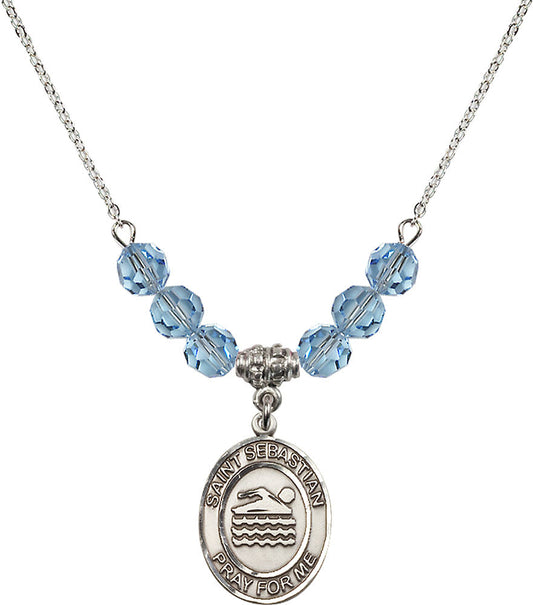 Sterling Silver Saint Sebastian/Swimming Birthstone Necklace with Aqua Beads - 8167