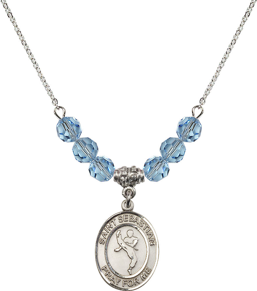 Sterling Silver Saint Sebastian/Martial Arts Birthstone Necklace with Aqua Beads - 8168