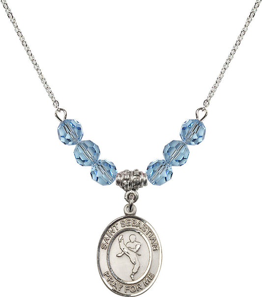 Sterling Silver Saint Sebastian/Martial Arts Birthstone Necklace with Aqua Beads - 8168