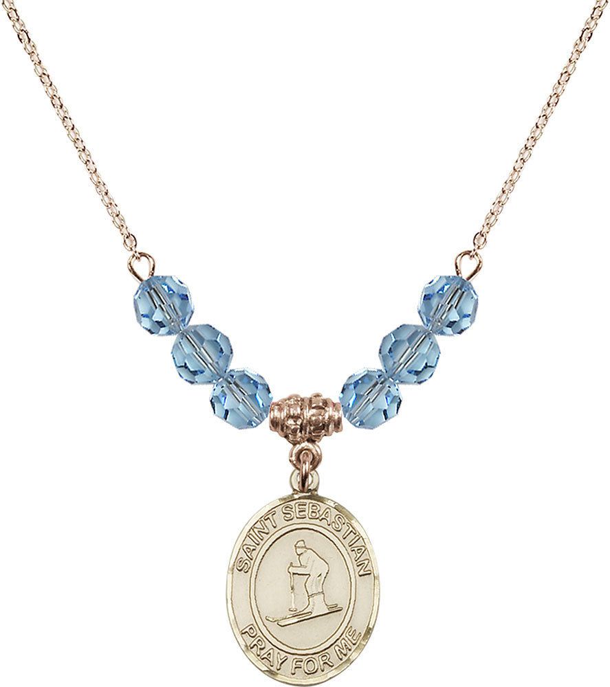 14kt Gold Filled Saint Sebastian/Skiing Birthstone Necklace with Aqua Beads - 8169