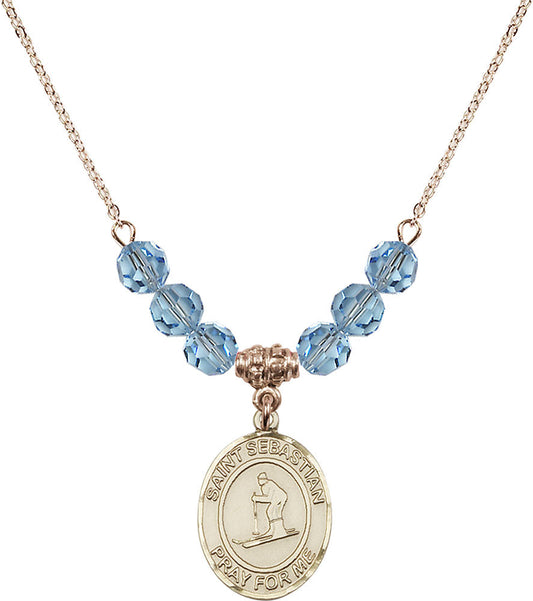 14kt Gold Filled Saint Sebastian/Skiing Birthstone Necklace with Aqua Beads - 8169
