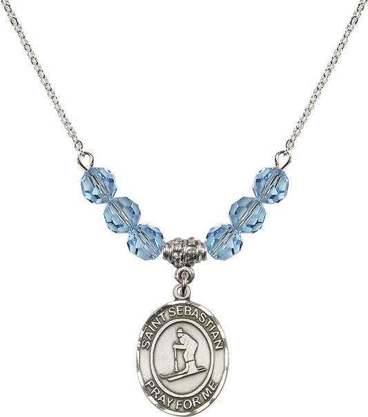 Sterling Silver Saint Sebastian/Skiing Birthstone Necklace with Aqua Beads - 8169