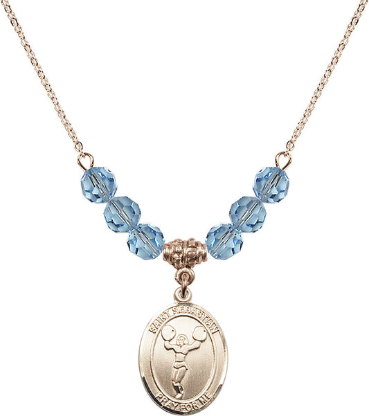 14kt Gold Filled Saint Sebastian/Cheerleading Birthstone Necklace with Aqua Beads - 8170