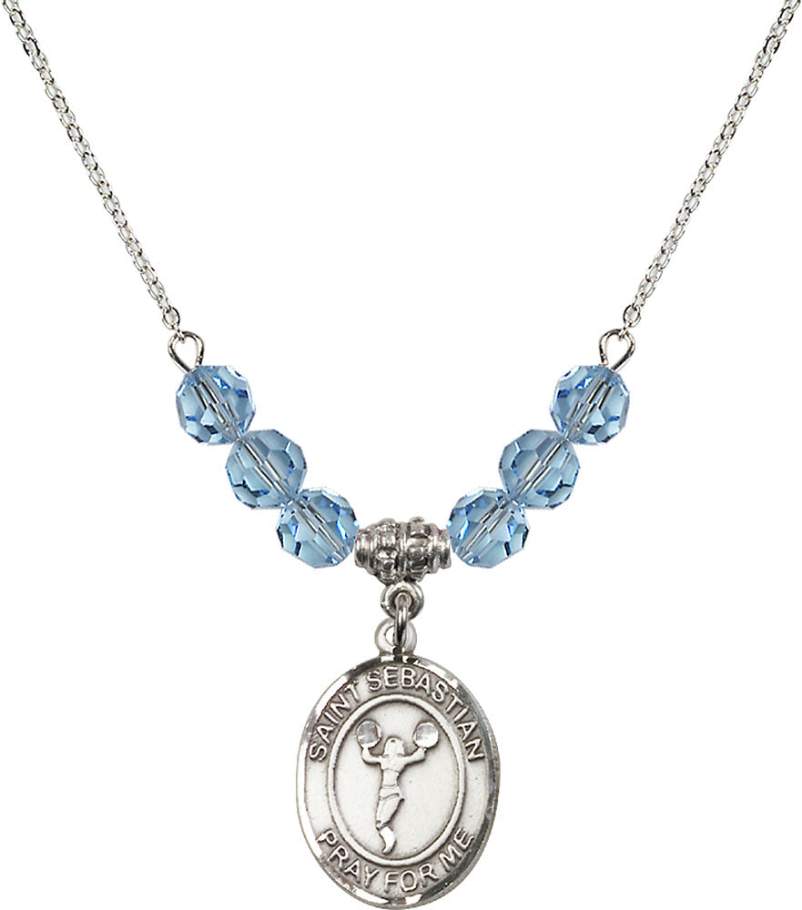 Sterling Silver Saint Sebastian/Cheerleading Birthstone Necklace with Aqua Beads - 8170