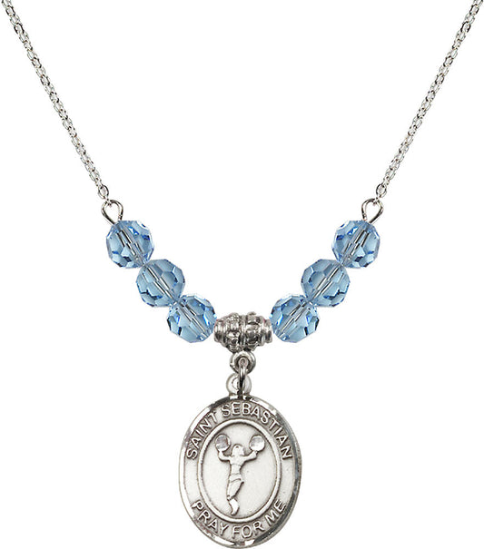 Sterling Silver Saint Sebastian/Cheerleading Birthstone Necklace with Aqua Beads - 8170