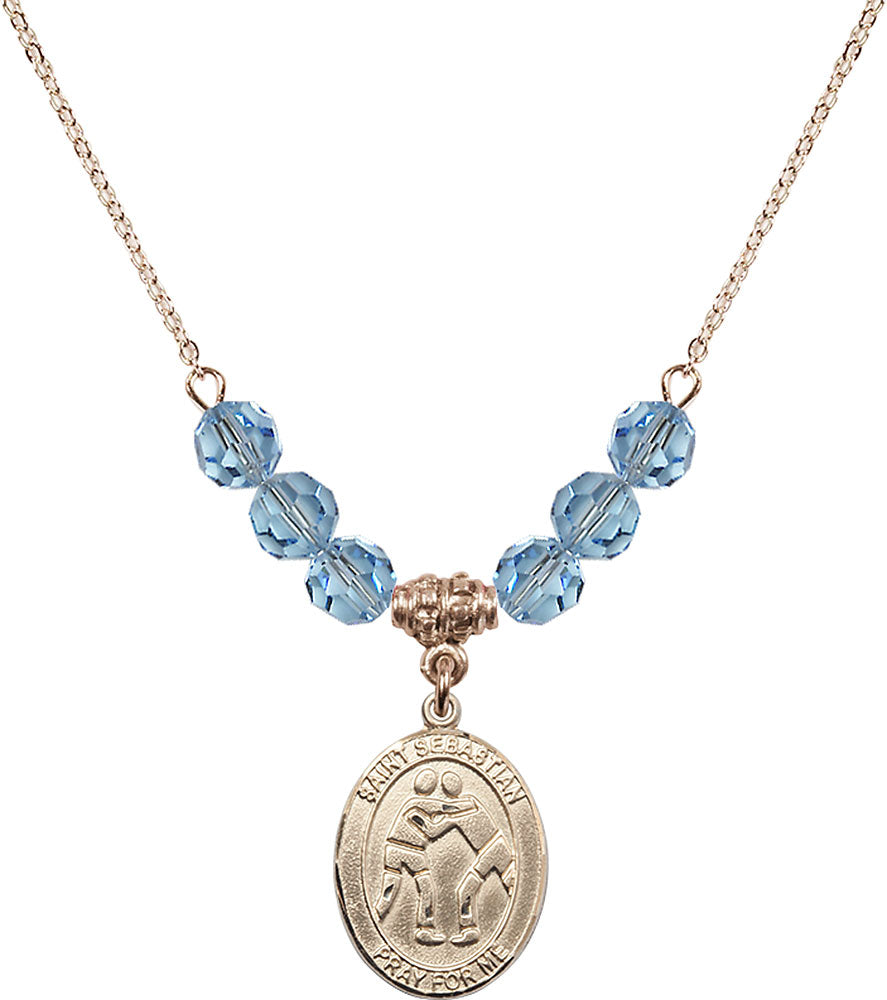 14kt Gold Filled Saint Sebastian/Wrestling Birthstone Necklace with Aqua Beads - 8171