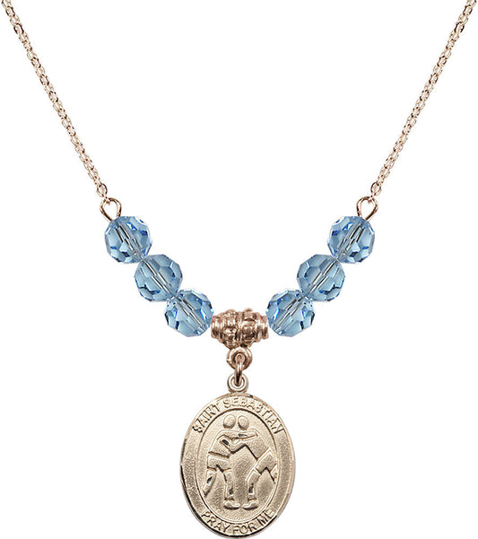 14kt Gold Filled Saint Sebastian/Wrestling Birthstone Necklace with Aqua Beads - 8171
