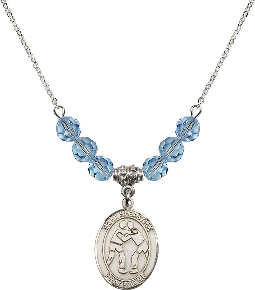Sterling Silver Saint Sebastian/Wrestling Birthstone Necklace with Aqua Beads - 8171