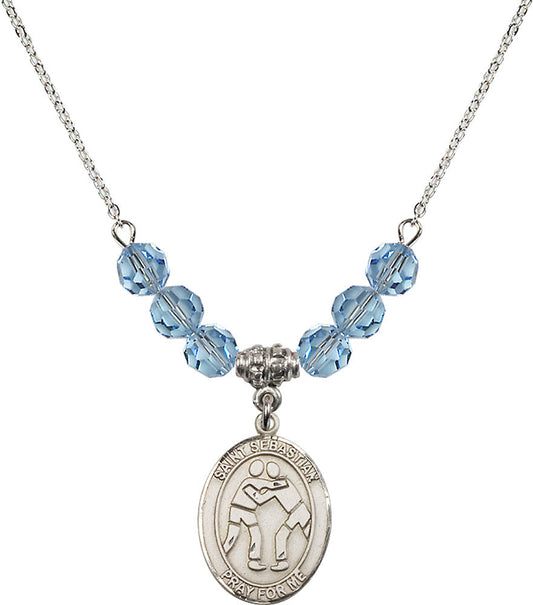 Sterling Silver Saint Sebastian/Wrestling Birthstone Necklace with Aqua Beads - 8171