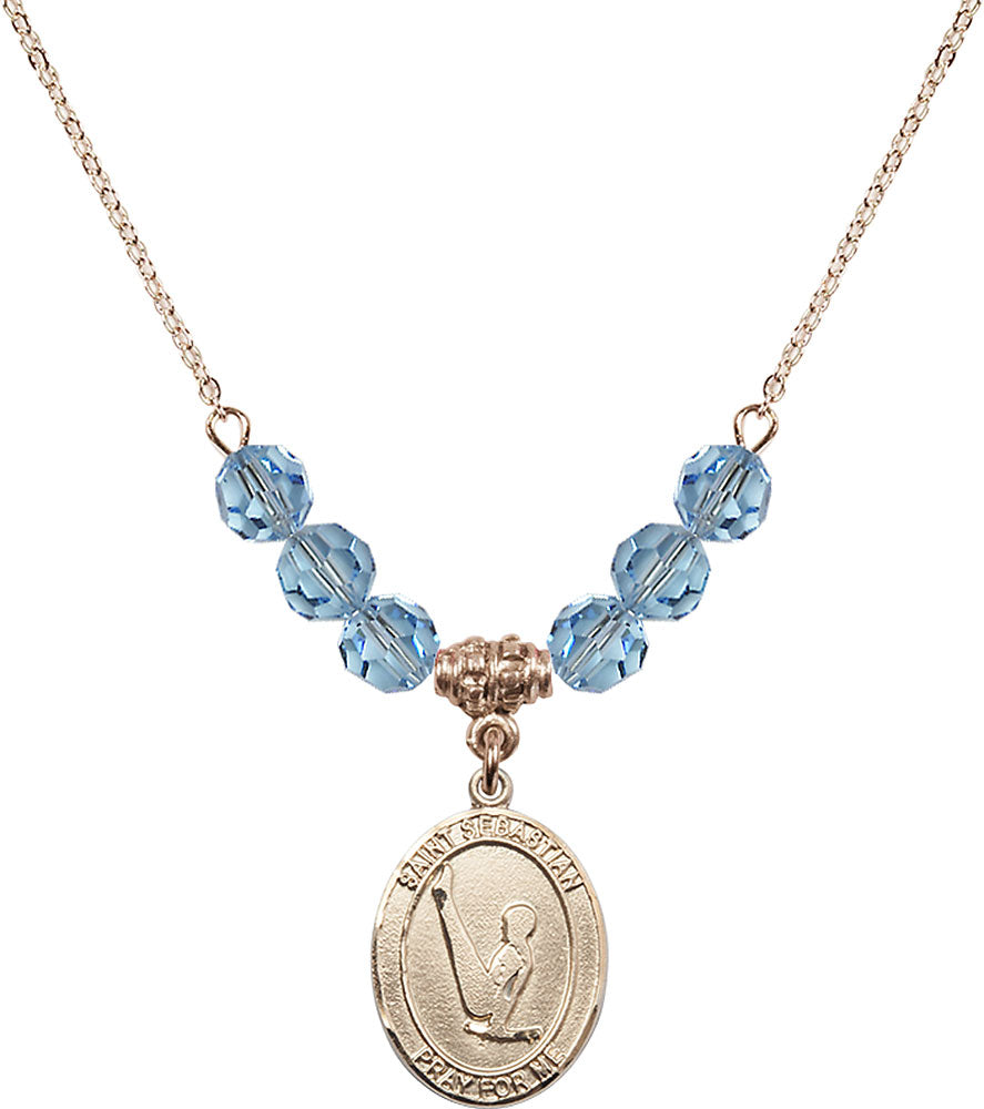 14kt Gold Filled Saint Sebastian/Gymnastics Birthstone Necklace with Aqua Beads - 8172
