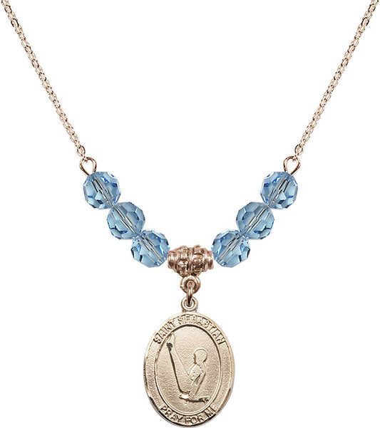 14kt Gold Filled Saint Sebastian/Gymnastics Birthstone Necklace with Aqua Beads - 8172