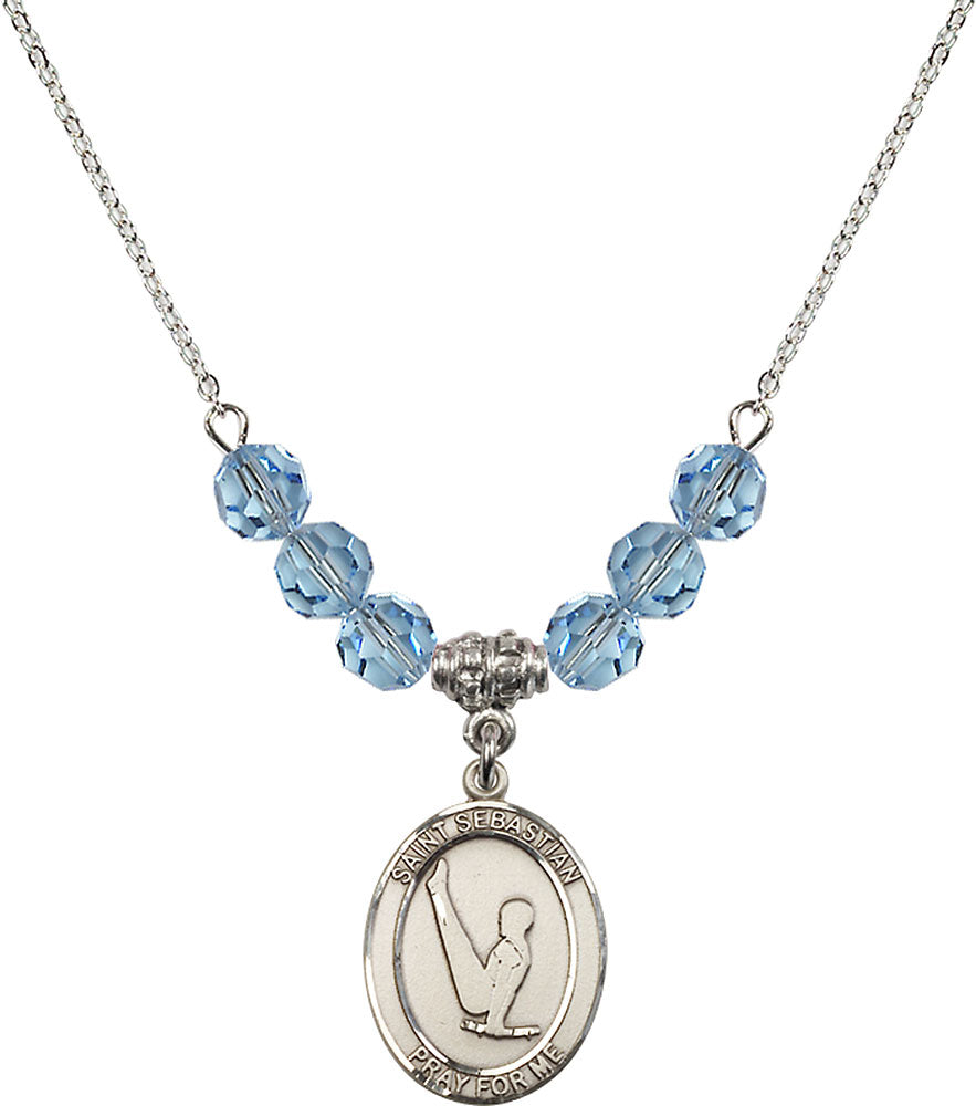 Sterling Silver Saint Sebastian/Gymnastics Birthstone Necklace with Aqua Beads - 8172
