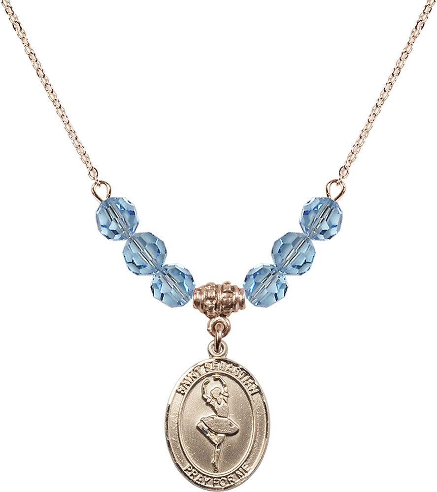 14kt Gold Filled Saint Sebastian/Dance Birthstone Necklace with Aqua Beads - 8173