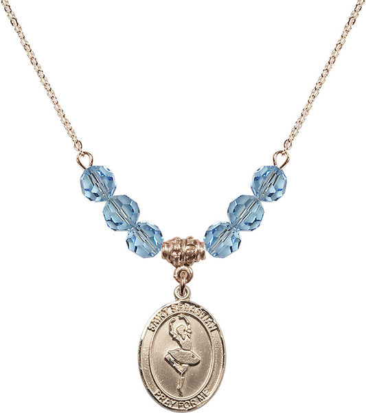 14kt Gold Filled Saint Sebastian/Dance Birthstone Necklace with Aqua Beads - 8173