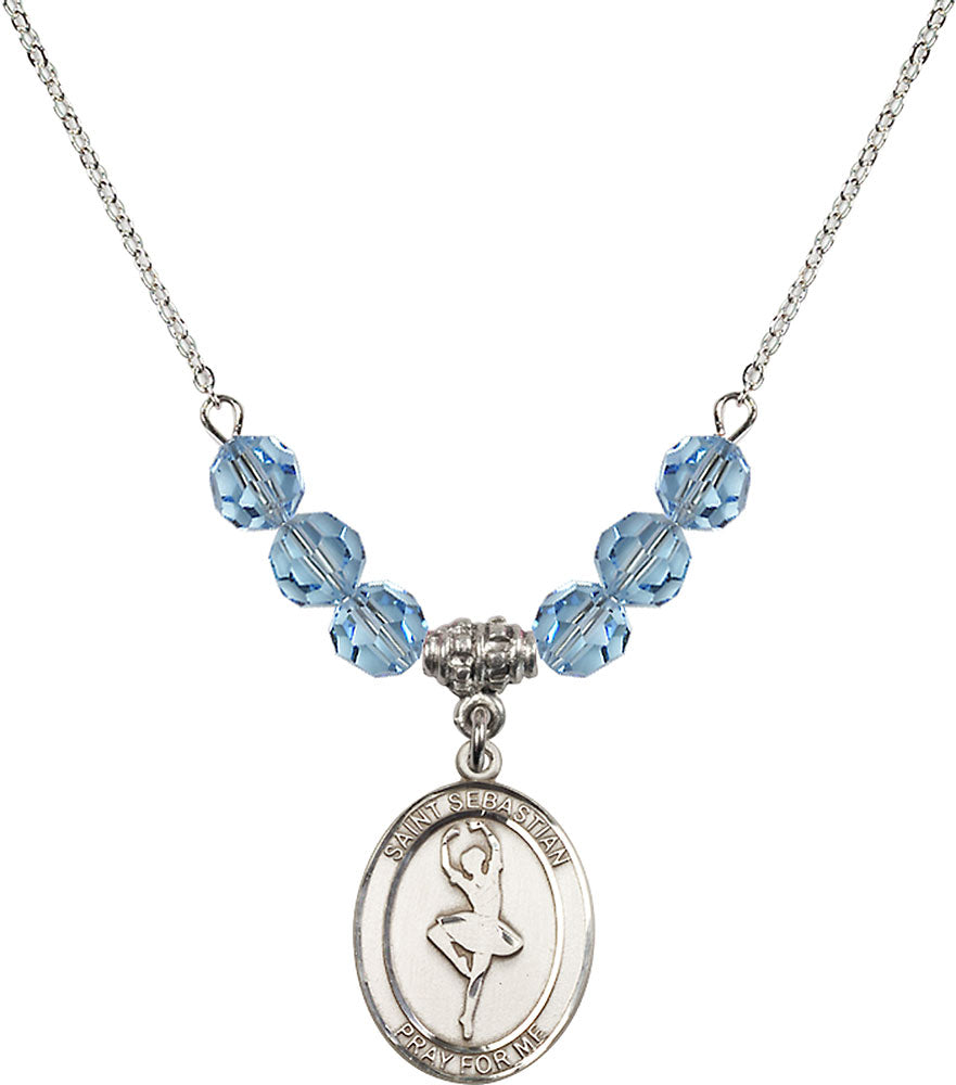 Sterling Silver Saint Sebastian/Dance Birthstone Necklace with Aqua Beads - 8173