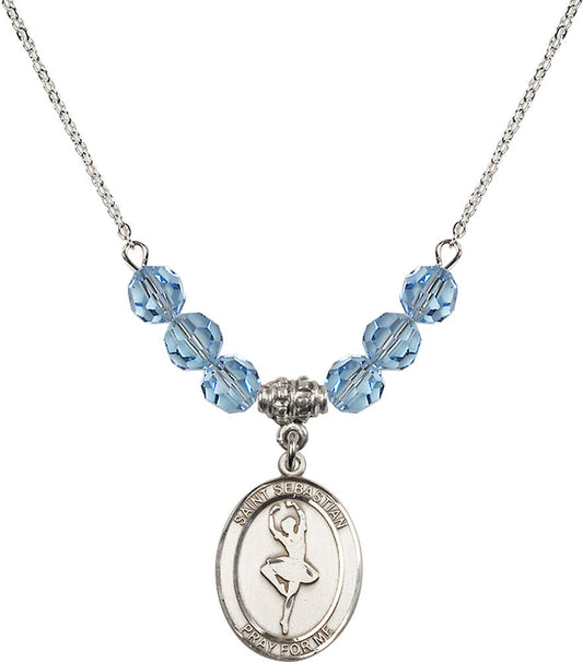 Sterling Silver Saint Sebastian/Dance Birthstone Necklace with Aqua Beads - 8173