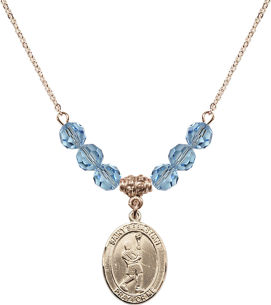 14kt Gold Filled Saint Sebastian/Lacrosse Birthstone Necklace with Aqua Beads - 8174