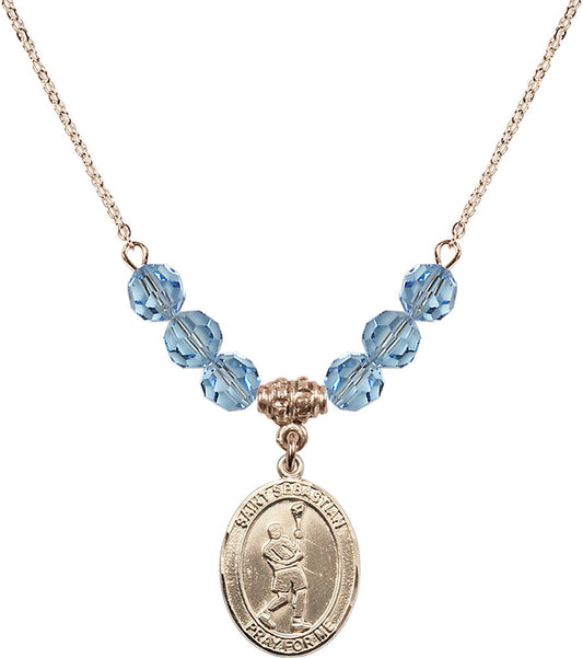 14kt Gold Filled Saint Sebastian/Lacrosse Birthstone Necklace with Aqua Beads - 8174
