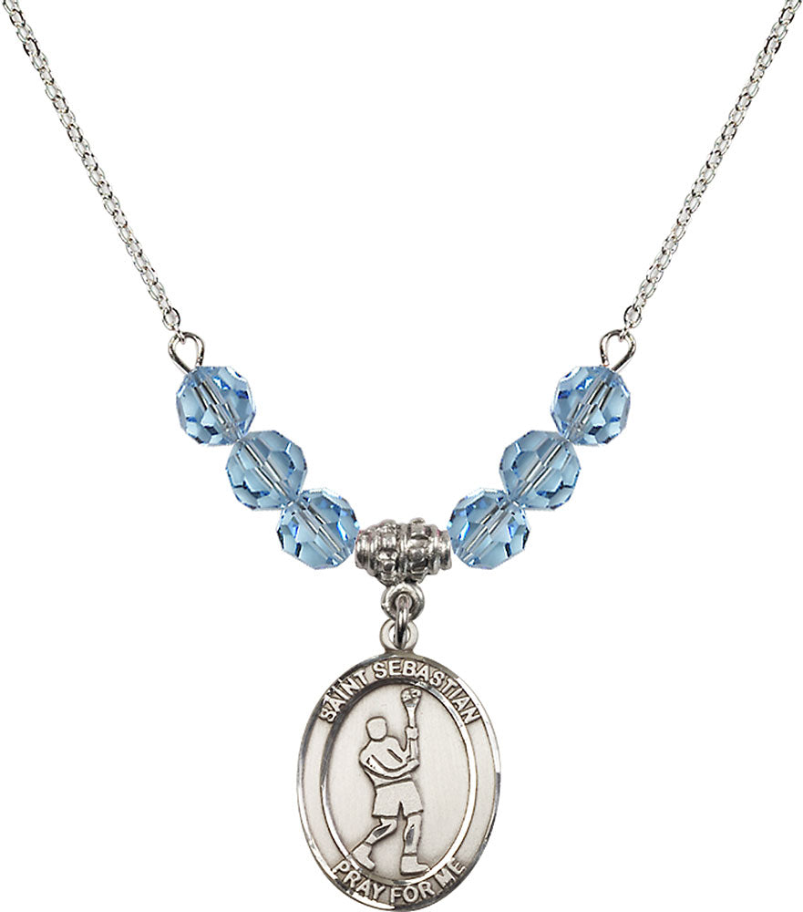 Sterling Silver Saint Sebastian/Lacrosse Birthstone Necklace with Aqua Beads - 8174