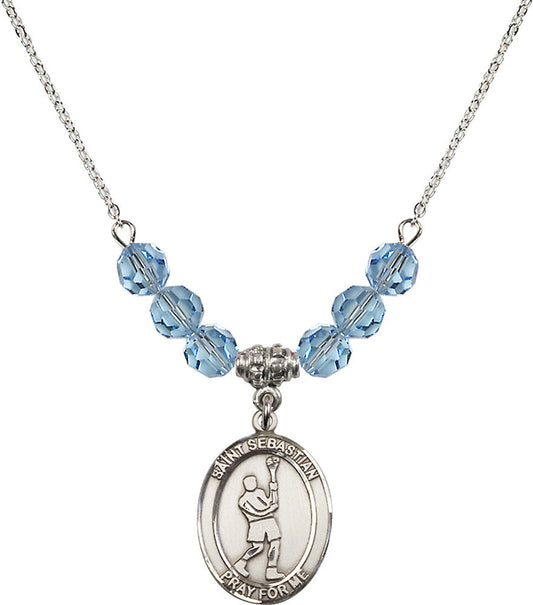Sterling Silver Saint Sebastian/Lacrosse Birthstone Necklace with Aqua Beads - 8174