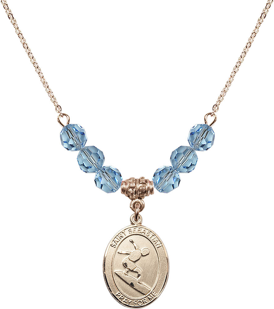 14kt Gold Filled Saint Sebastian/Surfing Birthstone Necklace with Aqua Beads - 8175