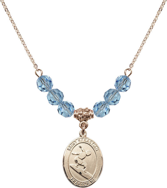 14kt Gold Filled Saint Sebastian/Surfing Birthstone Necklace with Aqua Beads - 8175