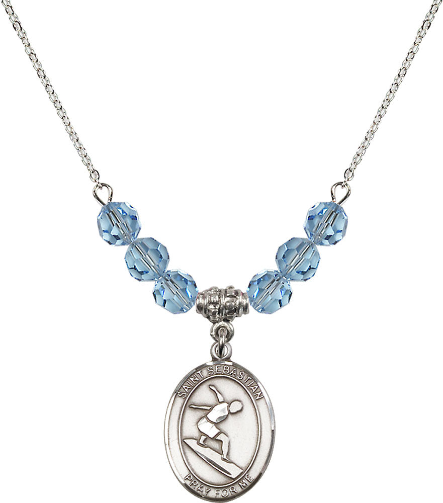 Sterling Silver Saint Sebastian/Surfing Birthstone Necklace with Aqua Beads - 8175