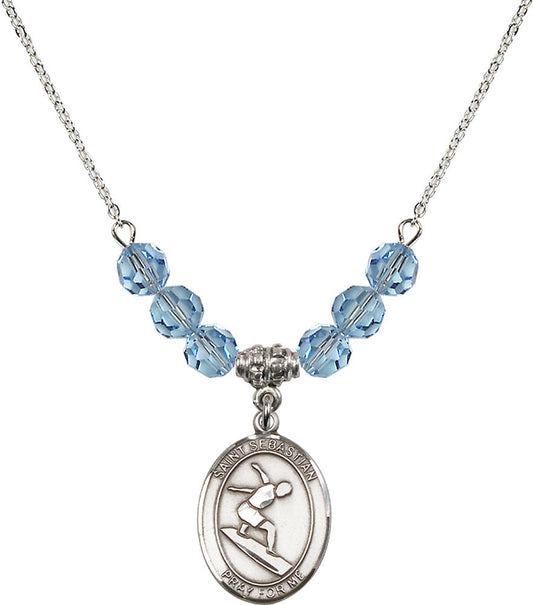 Sterling Silver Saint Sebastian/Surfing Birthstone Necklace with Aqua Beads - 8175