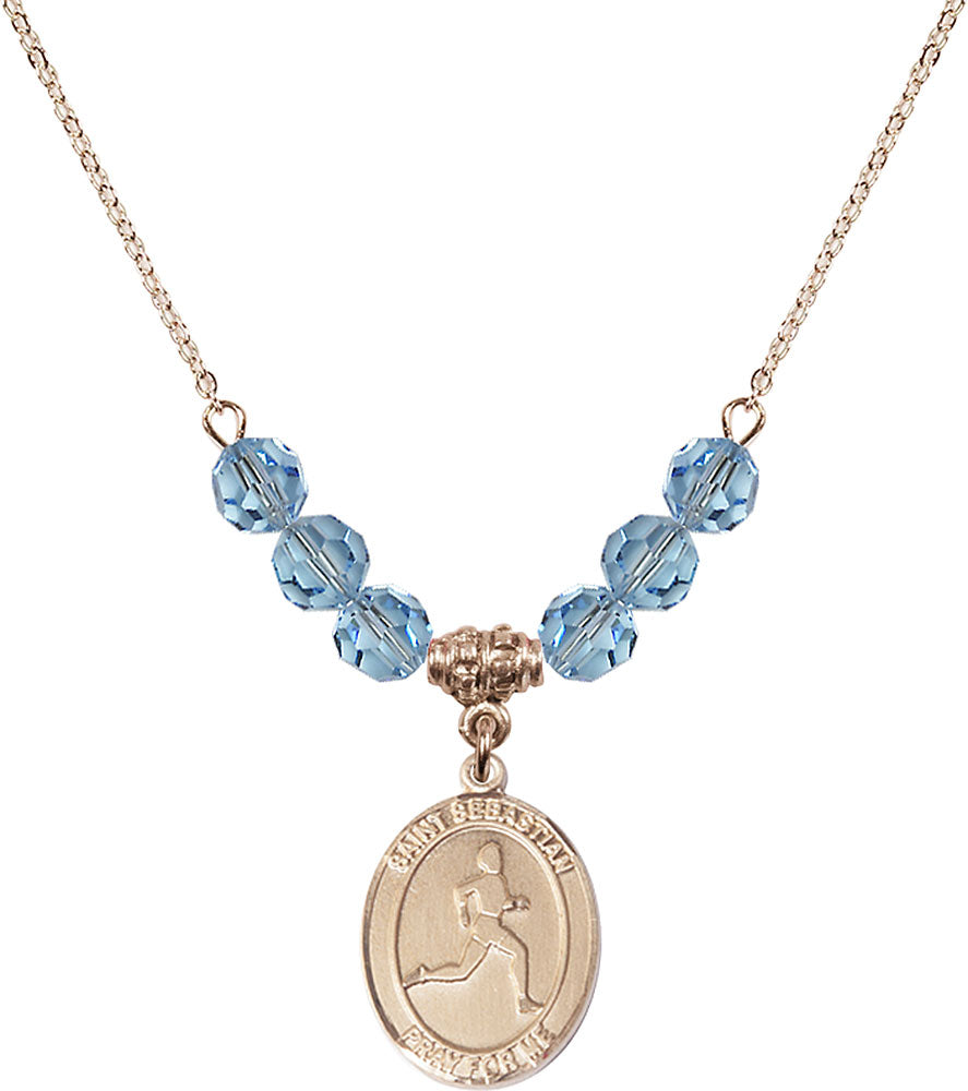 14kt Gold Filled Saint Sebastian/Track & Field Birthstone Necklace with Aqua Beads - 8176