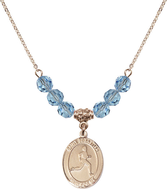 14kt Gold Filled Saint Sebastian/Track & Field Birthstone Necklace with Aqua Beads - 8176