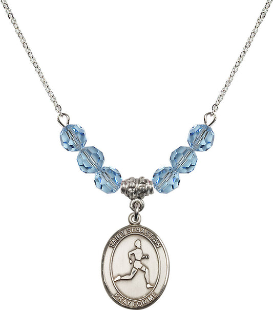 Sterling Silver Saint Sebastian/Track & Field Birthstone Necklace with Aqua Beads - 8176