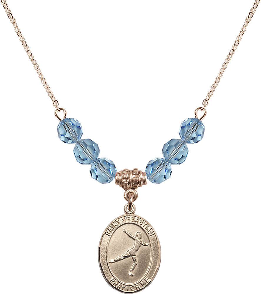 14kt Gold Filled Saint Sebastian/Figure Skating Birthstone Necklace with Aqua Beads - 8177