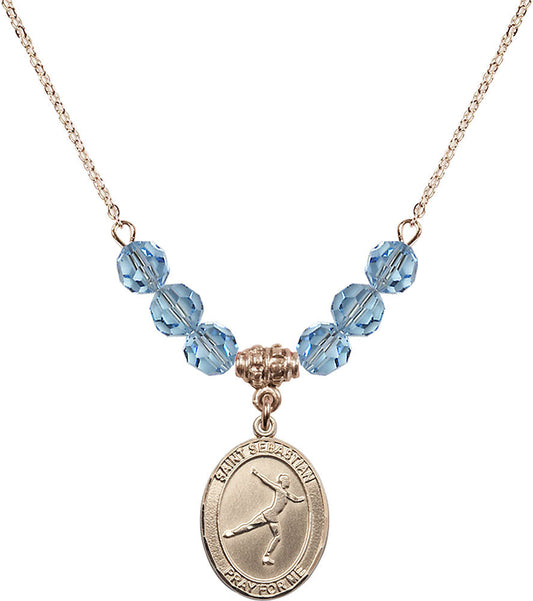 14kt Gold Filled Saint Sebastian/Figure Skating Birthstone Necklace with Aqua Beads - 8177