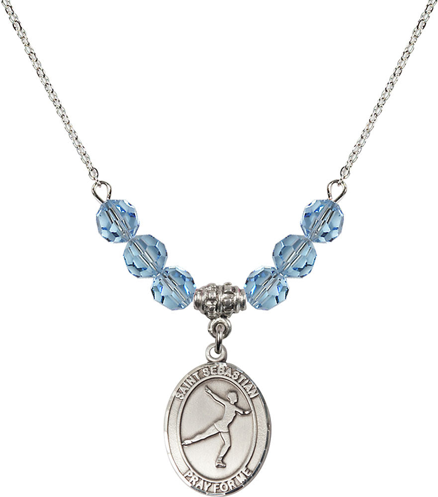 Sterling Silver Saint Sebastian/Figure Skating Birthstone Necklace with Aqua Beads - 8177