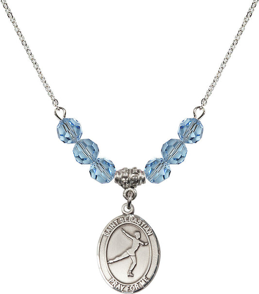 Sterling Silver Saint Sebastian/Figure Skating Birthstone Necklace with Aqua Beads - 8177